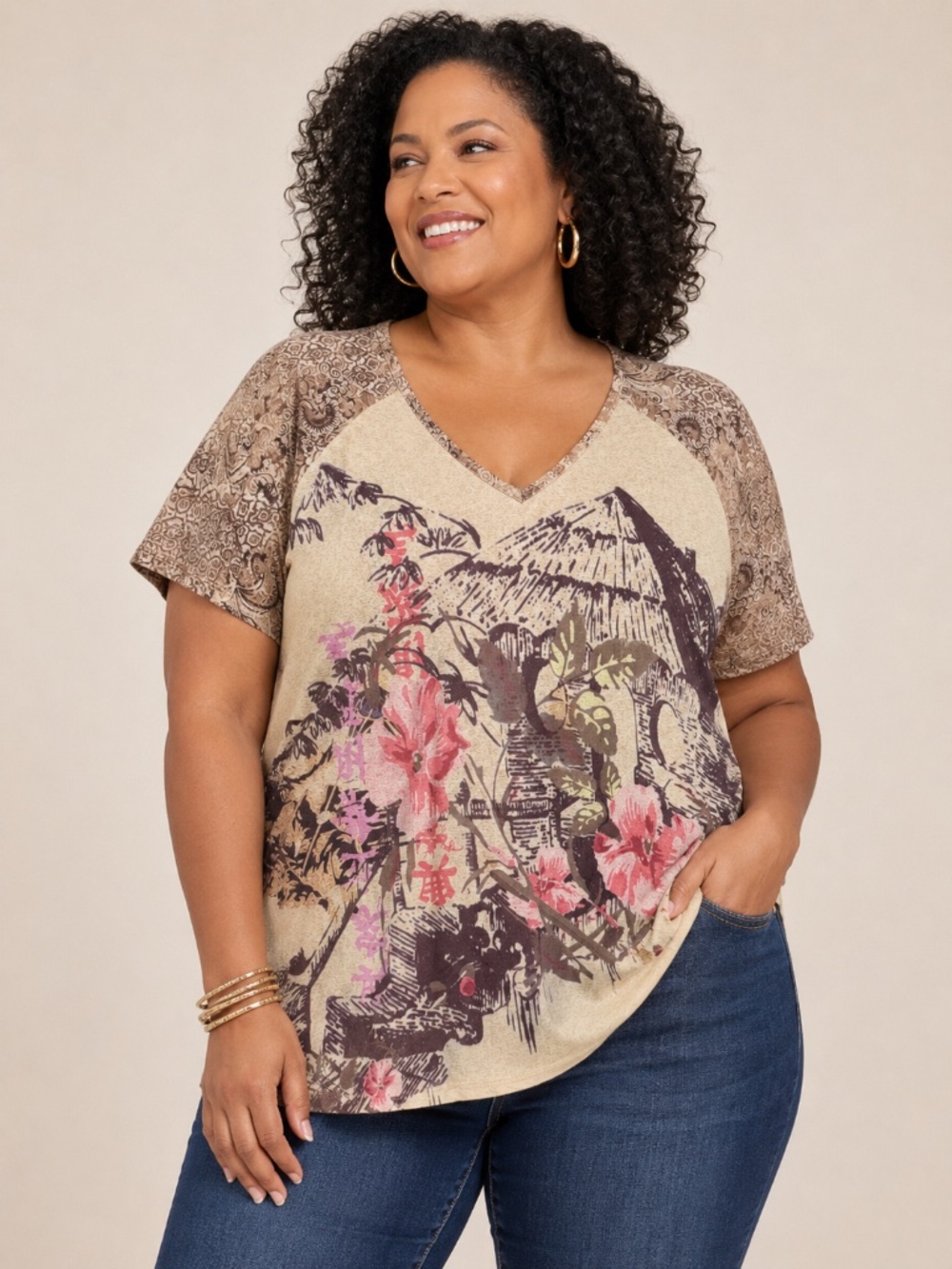 VENEZIA Japan Asian Floral Y2K Cute Lightweight Sheer VNeck Graphic Top Sz 18/20